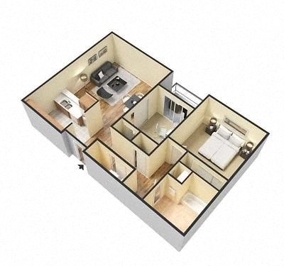 Floor plan for 2 beds, 1 bath, 835 sqft